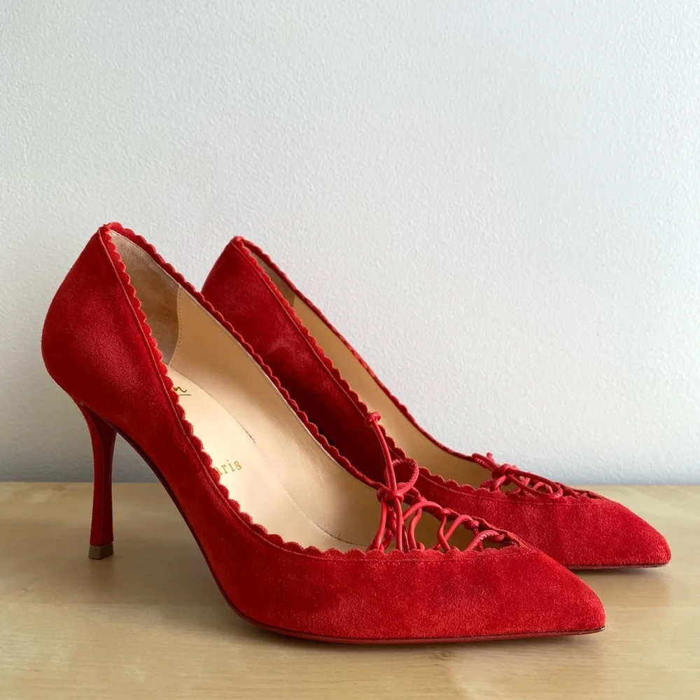 Christian Louboutin Cherry Red Scalopump 85MM Fraise Suede Heels 37.5 - Picture 7 of 12